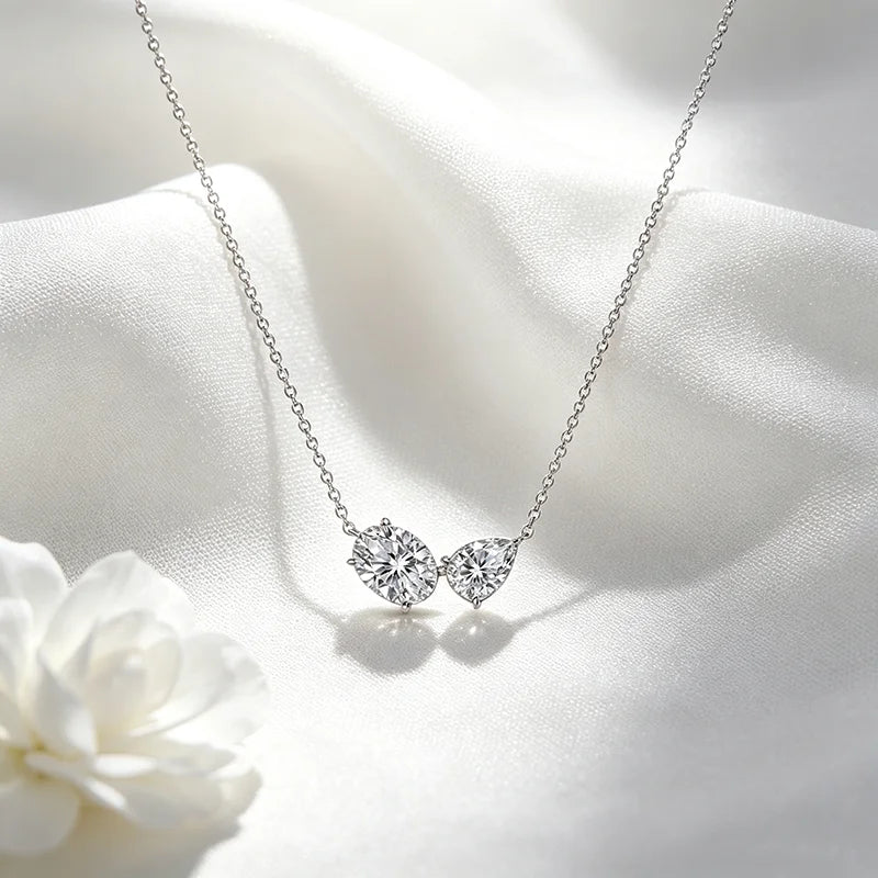 Smyoue Oval Cut Pear Cut All Moissanite Necklace for Women 2 Gems Classic Wedding Jewelry Bridal Real Pure S925 Silver Chain