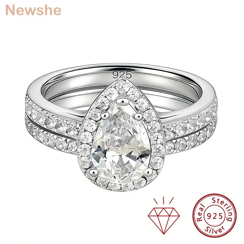 Newshe 2 Pieces Certified Full Moissanite Pear Wedding Ring Sets for Women Solid 925 Sterling Silver Bridal Luxury Jewelry