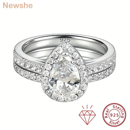 Newshe 2 Pieces Certified Full Moissanite Pear Wedding Ring Sets for Women Solid 925 Sterling Silver Bridal Luxury Jewelry