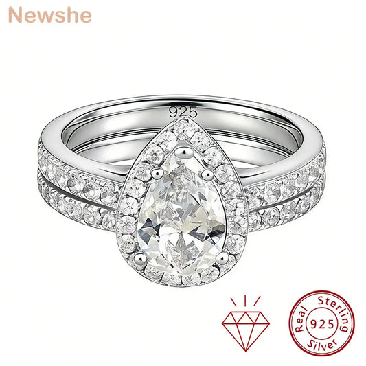 Newshe 2 Pieces Certified Full Moissanite Pear Wedding Ring Sets for Women Solid 925 Sterling Silver Bridal Luxury Jewelry