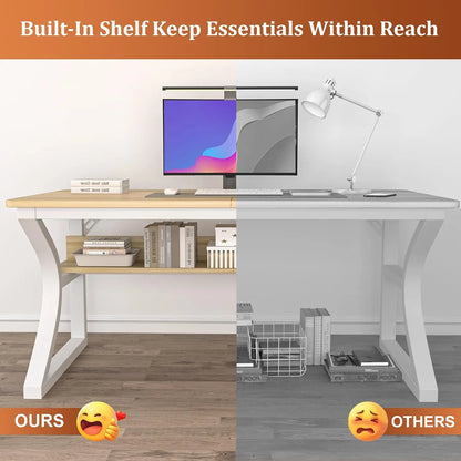 Computer Desk, 55x24 in Computer Desk, Office Desk w/Storage & U-Size Metal Frame for Home Office Bedroom Gaming, Office Desk w/Water-Resistant, Scratchproof Surface, Light Walnut