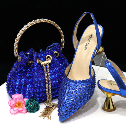Elegant Multicolor Rhinestone Slingback Heels & Bucket Bag Set Luxury Crystal Matching Kit for Wedding Party Evening Bridal Form