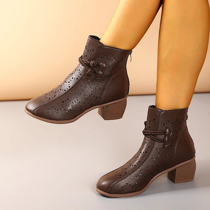 2025 Summer New Women's Fashion Hollow-Out Soft Sole Mid-Heel Ankle Boots, Retro Breathable Comfortable Shoes