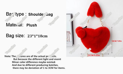 Large Capacity Fur Handbag Heart Shape Ladies Shoulder Bag Fashionable Cute Soft Zipper Closure Interior Phone Pocket