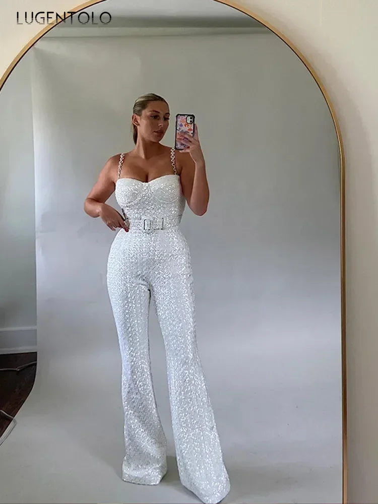 Fashion Wide Leg Sequin Jumpsuits Women Spring Backless Sleeveless Overall with Belt Female Elegant High Waist Chic Streetwear