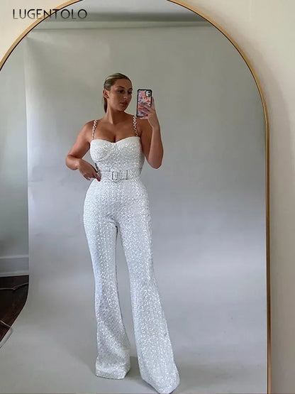 Fashion Wide Leg Sequin Jumpsuits Women Spring Backless Sleeveless Overall with Belt Female Elegant High Waist Chic Streetwear