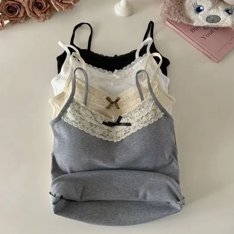 Coquette Y2k Crop Top Summer Lace Tank Top Women Cropped Cute Camis Sexy White Crop Tops Female Korean Sleeveless Black Vest