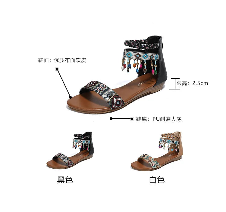 High quality leather flat sandals for women 2.5cm low heel vintage print new summer 2026 36 42 open toe casual shoe black brown