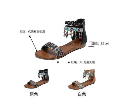 High quality leather flat sandals for women 2.5cm low heel vintage print new summer 2026 36 42 open toe casual shoe black brown