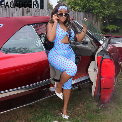 FAGADOER Vintage Fashion Polka Dot Print Bodycon Jumpsuits Woman Halter Deep V-neck Backless Rompers Female Streetwear Overalls