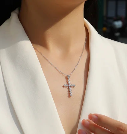 PureNew Cross Full Moissanite Diamond Necklace for Women 925 Sterling Silver Plated 18k Gold Women's Moissanite Chain Pendant
