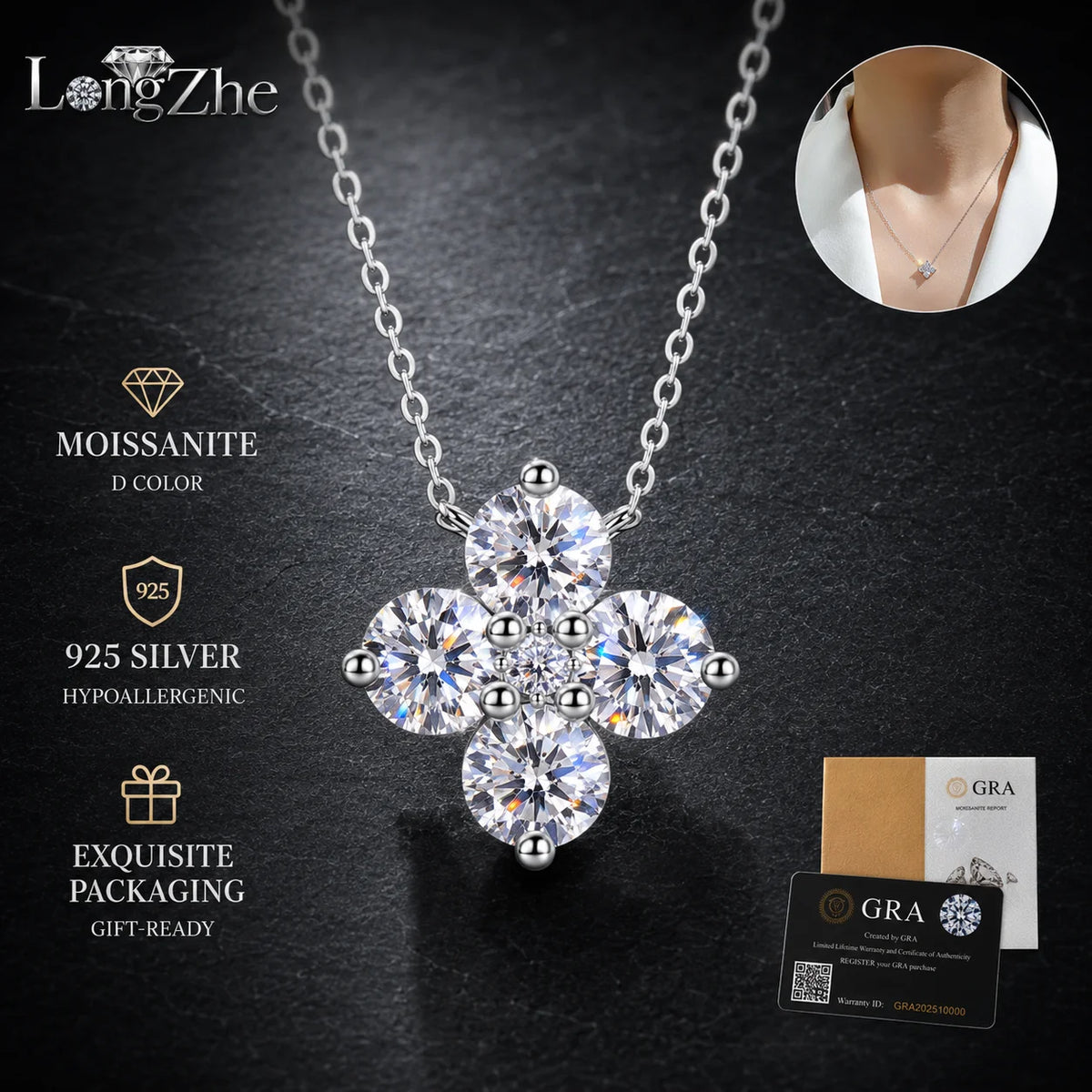 LongZhe Moissanite Necklace for Women 0.3CT 4mm Round Cut S925 Sterling Silver Flower Pendant Clavicle Chain Jewelry Gift