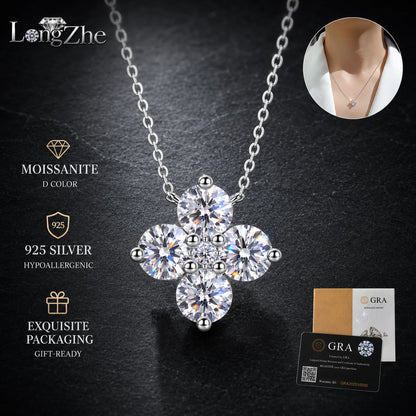 LongZhe Moissanite Necklace for Women 0.3CT 4mm Round Cut S925 Sterling Silver Flower Pendant Clavicle Chain Jewelry Gift
