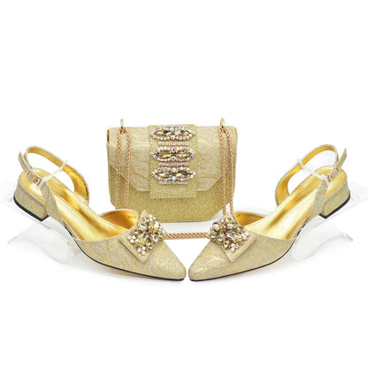 Designer Shoe and Bag Sets From Italy Luxury Rhinestone African Women Shoes and Bags Italy Low Heels Pointed Toe Woman Pumps