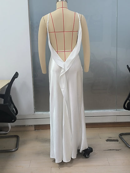 Luxury White Satin Backless Veatido Women Sexy Spaghetti Strap V-neck High Split Midi Dress Vacation Evening Party Beach Outfits