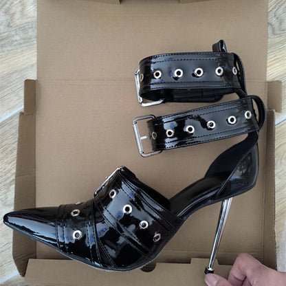 New Women Denim Metal Rivet Buckle Sandals Women Sexy Punk Style Pointed Hollow Metal 11cm High Heel Knee High Boots Size34-43