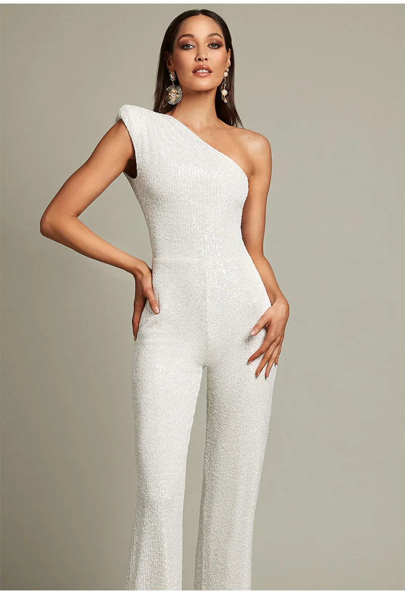 Women Elegant Long Jumpsuits Slanted Collar Party 2026 Sexy Glitter Sequin Club Playsuits Fashion Backless Solid Romper