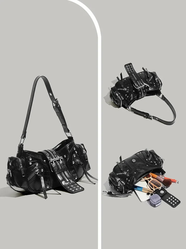 Women's Y2k Punk Vintage Shoulder Purse PU Leather Gothic Rivet Handbag Waist Bag Luxury Black Cross Body Bags with Spikes