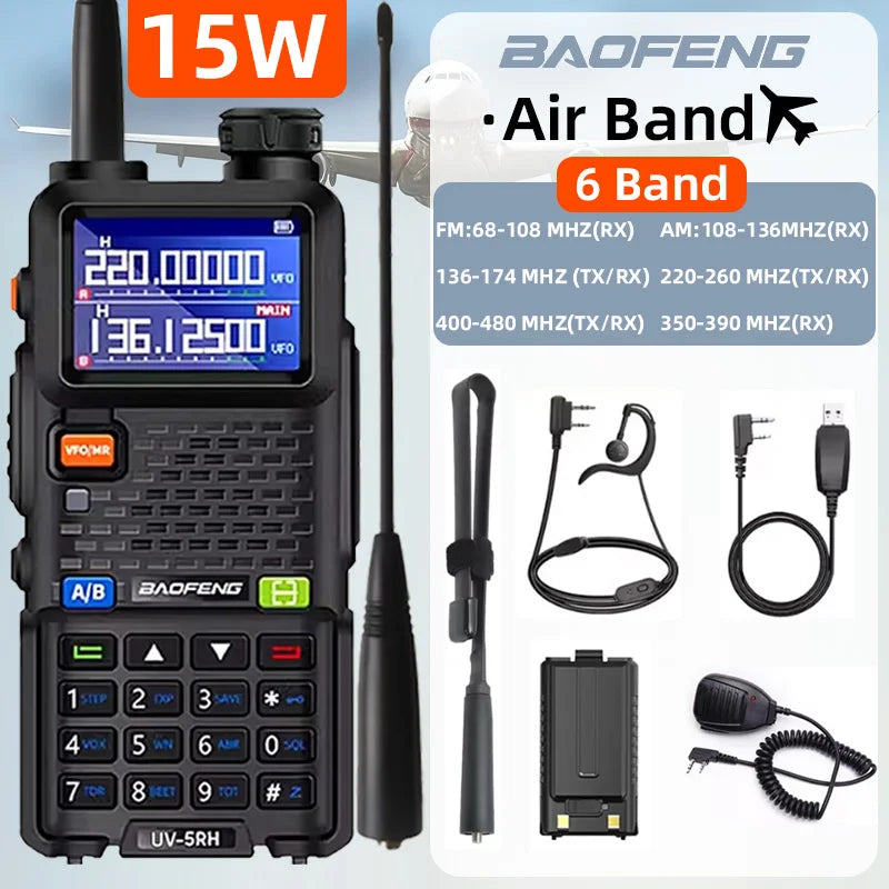 Baofeng UV5RH Handheld Walkie Talkie 15W 6000mAh Six Band Wireless Replication Frequency 999CH Supports Type-C Charging HAM 10km
