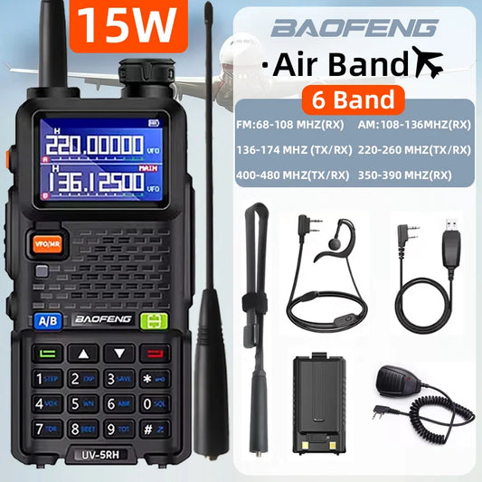 Baofeng UV5RH Handheld Walkie Talkie 15W 6000mAh Six Band Wireless Replication Frequency 999CH Supports Type-C Charging HAM 10km