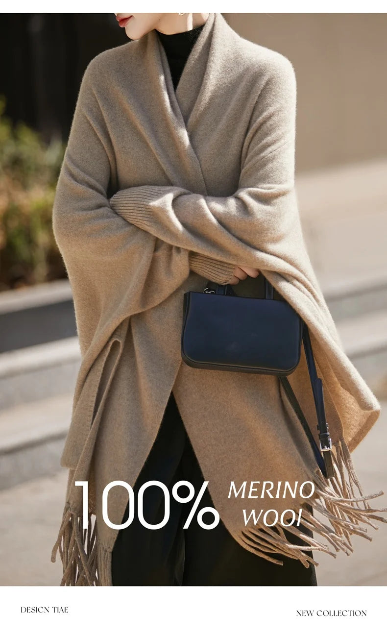 Light Luxury Autumn Winter Woman Shawl Elegant Female 100% Merino Wool Knitwear New Fashion Ladies Tassel Scarf Solid Jersey