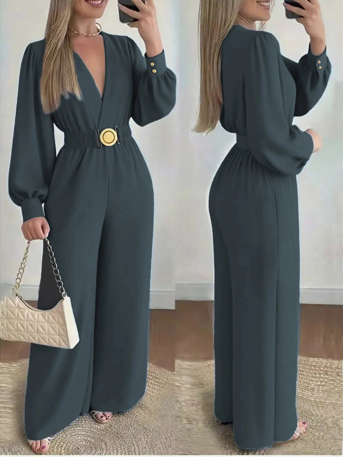 Fashion Commuting Jumpsuits Belt Lace Up Wide Legger Romper Casual Long Sleeve Women's Autumn Elegant V neck Solid Long Playsuit