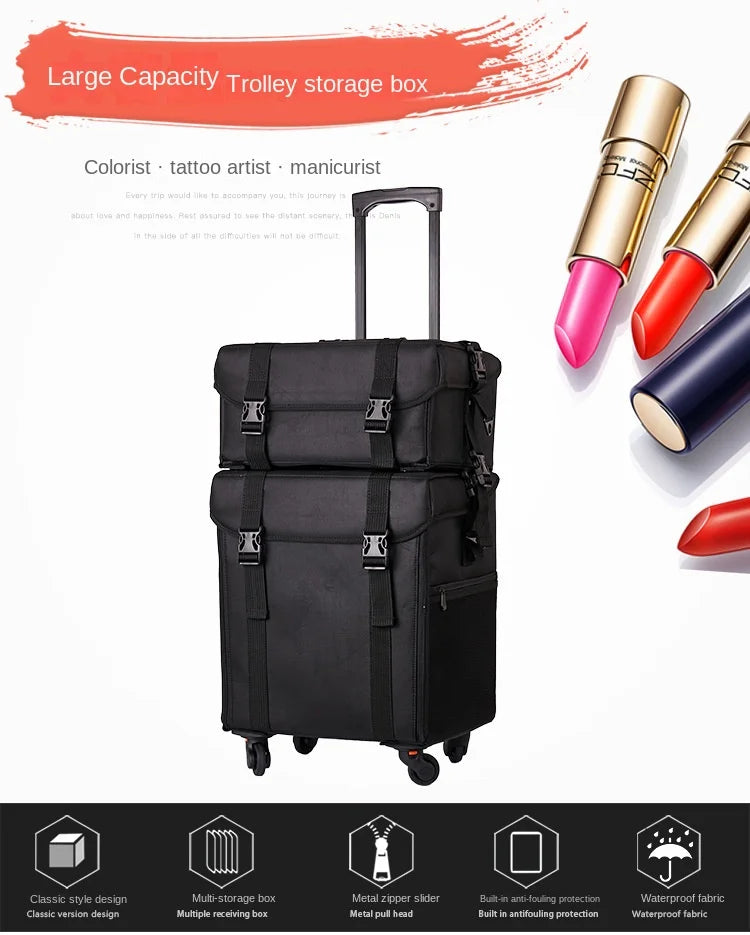 KLQDZMS Professional Cosmetic Case Female Oxford Cloth Beauty Manicure Toolkit Large Capacity Trolley With Wheel Luggage Bag