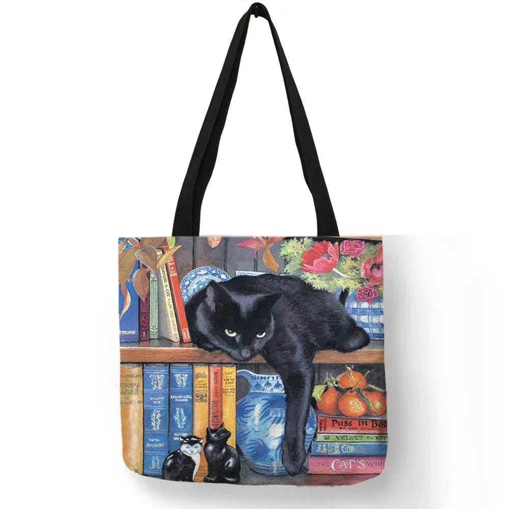 Oil Painting Cat Print Womens Designer Tote Bags Linen Reusable Shopping Bag For Groceries Shoulder Bags for Lady