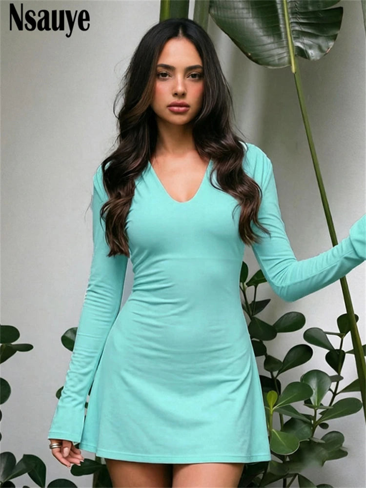 Nsauye Women's Casual Long Sleeve V Neck Slim Dress Women Clothing Elegant Shoulder Pads Short Dresses Vestidos