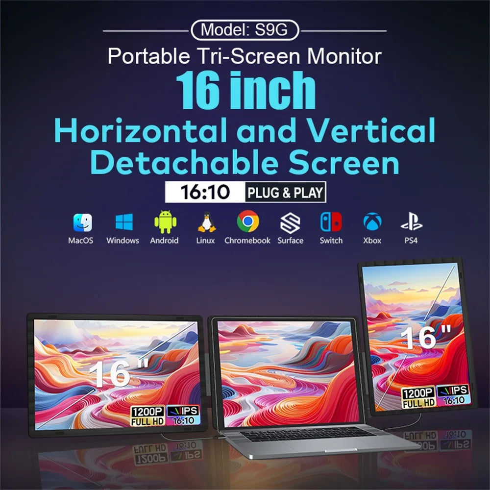 Rospider 16 Inch Portable Dual Screen Laptop Monitor Extender 1200P 2560P Rotatable Triple Display for Laptop MacBook Windows