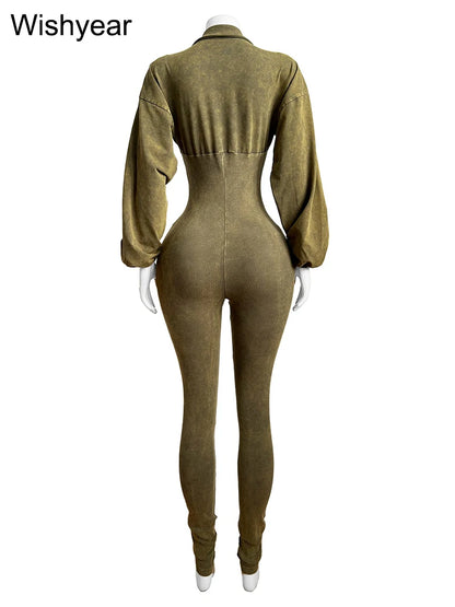 Elegant Autumn Pink Jumpsuits for Women Street Long Sleeve Lapel Bodycon Sexy Sporty Rompers Casual Skinny One Pieces Overall