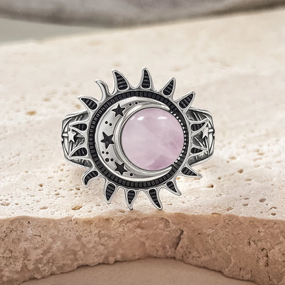 925 Sterling Silver Natural Moonstone Ring 8MM Bohemian Star Sun Moon Shape Ring Gothic Punk Style Party Gift for Women Men
