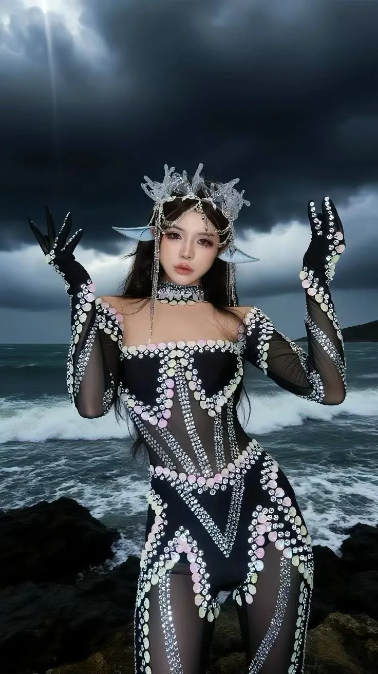 Women Special Occassion Dress Printed Sequines Rhinstones Bodycon Jumpsuits Y2k Party Evening Club Gothic Stage Costumes