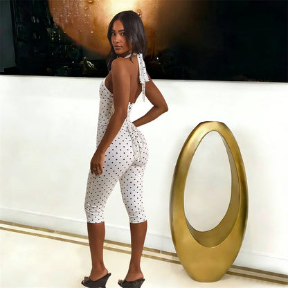 Doyerl Polka Dot One Piece Jumpsuits for Woman Club Outfits Halter V-neck Backless Lace-up Bandage Corset Bodycon Romper Mono