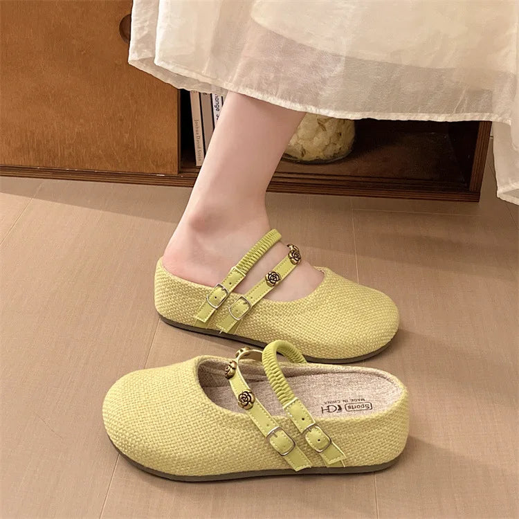 Women's Woven Mary Jane Mules Flat Round Toe Slip-On Shoes with Buckle Straps and Rose Hardware Casual Balletcore Summer Sandals