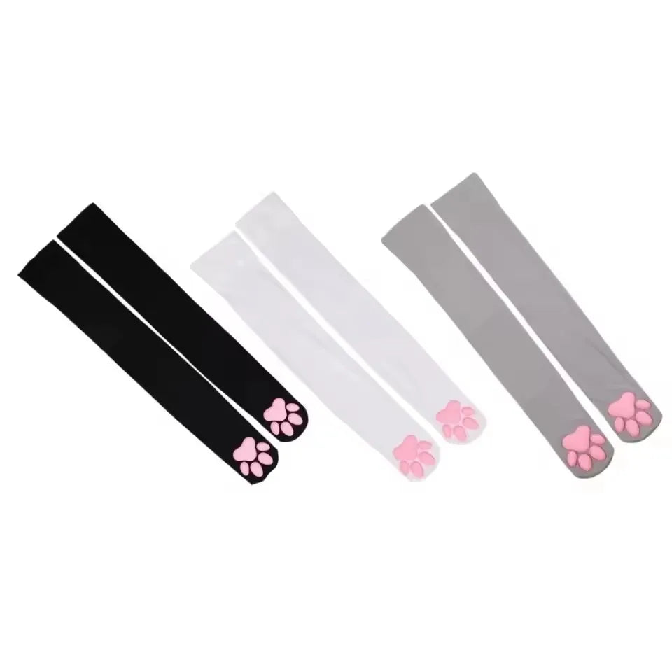 3D Cat Paw Thigh High Transparent Stockings Japanese Style Cute Pink Paw Print Sheer Tights Kawaii Lolita Cosplay Long Socks