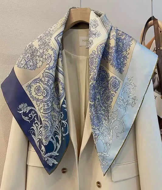 Women's Luxury Printed 90CM Square Mulberry Silk Scarf, Bandana Large Satin Shawl Scarf, Headscarf Headband
