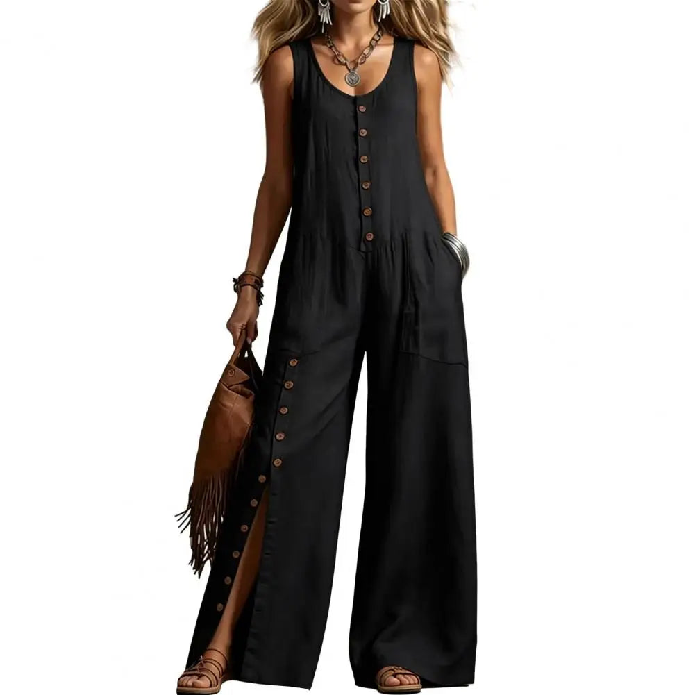 2026 Sexy V Neck Fashion 2026 Spring Pocket Wide Leg Jumpsuit Button Down Sleeveless Wide Leg Rompers Summer Loose Wear Overall