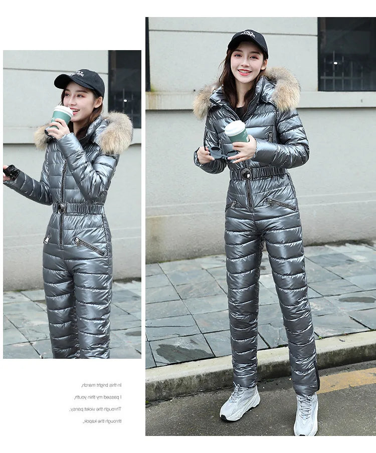 Jumpsuits One Piece Ski Suit Winter Thicken Snow Place Down Cotton Women Suits Warm Hooded Waist Slim Shiny Outdoor Sports