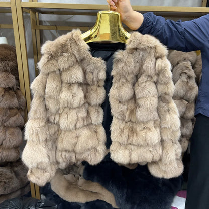 HUA QIU MEI SI Women's Natural Fox Fur Jacket with Fox Collar for Winter Warmth, Short Style Real Fox Fur Leather Jacket