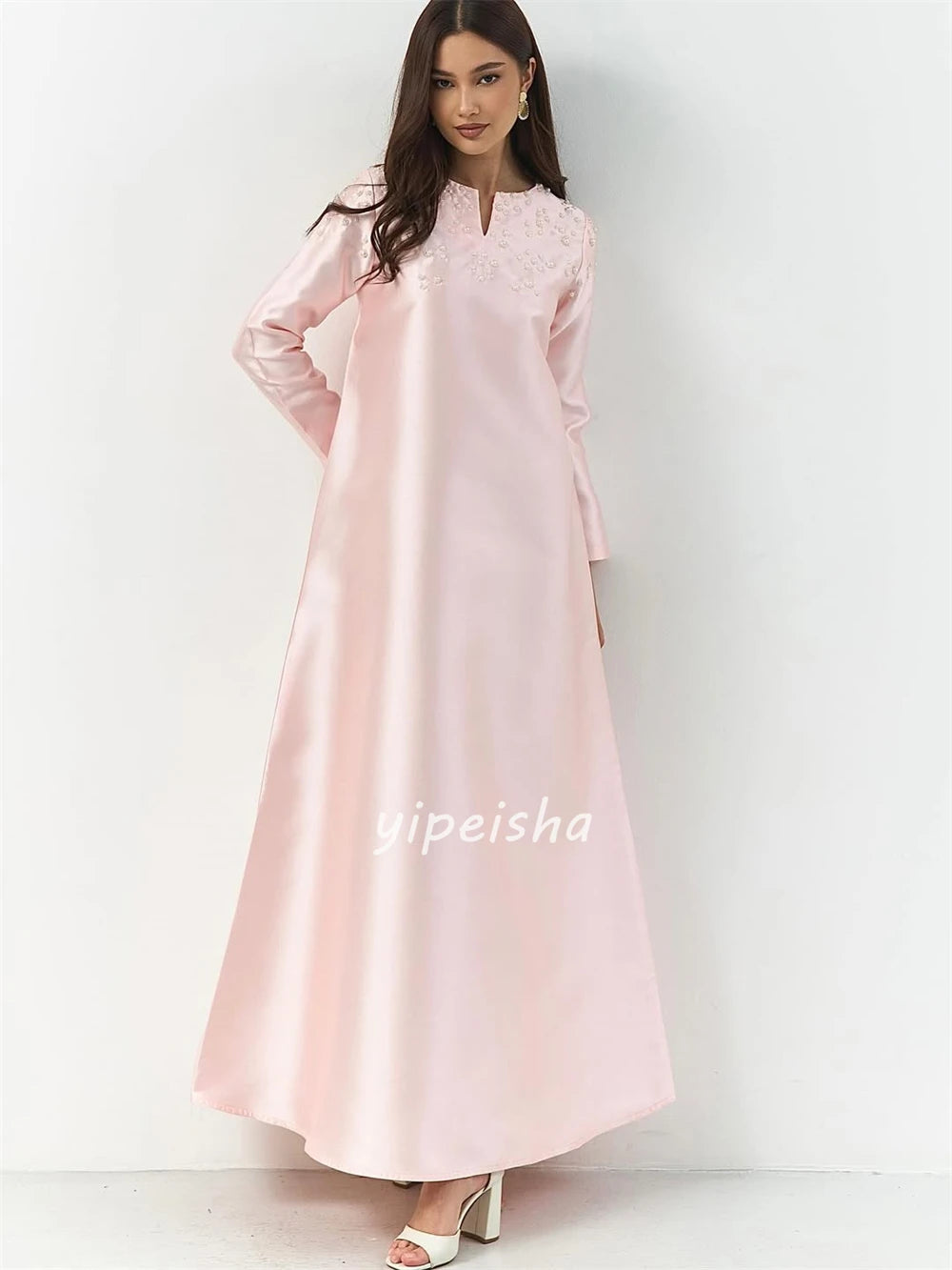 Customized High Quality Elegant Charmeuse Beading Pleat A-line Scoop Neck Long Dresses Bespoke Occasion Dresses Modern Style
