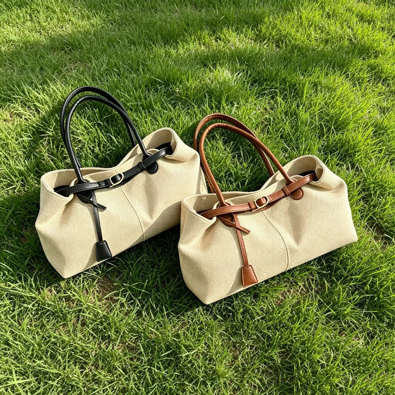 CLAREGQI  Women's Large Capacity Canvas Tote Bag, Leather Handle Shoulder Underarm Bag, Versatile Casual Commuter & Travel Handb
