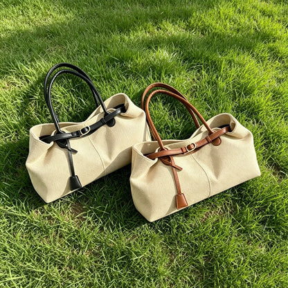 CLAREGQI  Women's Large Capacity Canvas Tote Bag, Leather Handle Shoulder Underarm Bag, Versatile Casual Commuter & Travel Handb