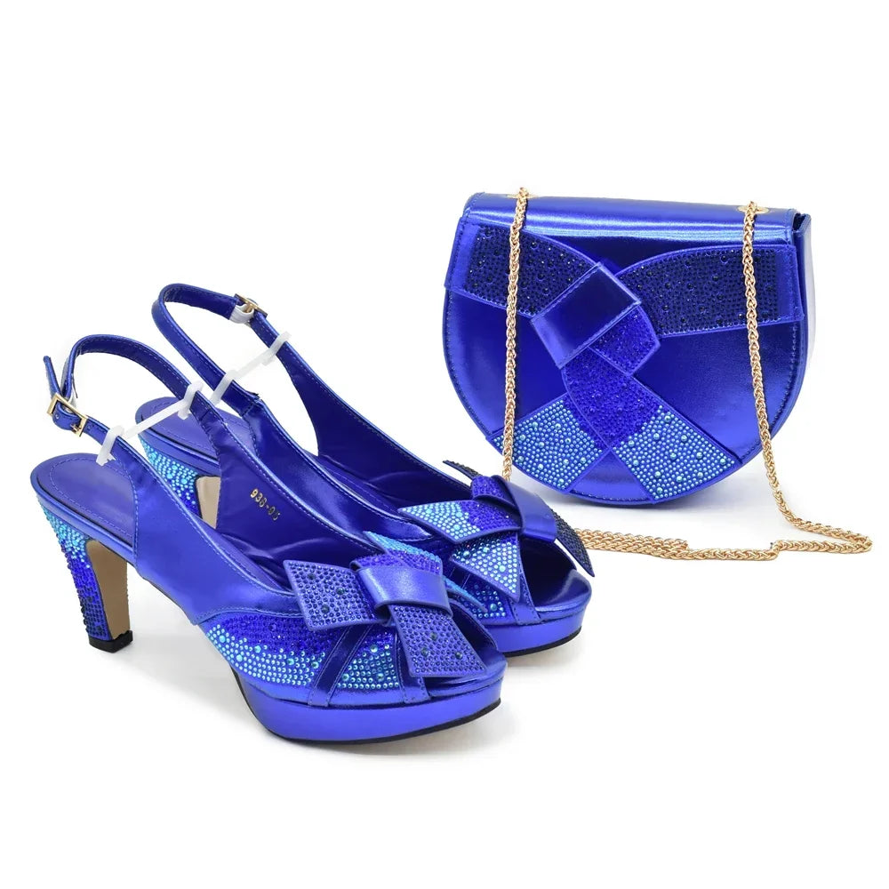 New Arrival African Shoe and Bags Set for Wedding Luxury Designer High Heels Full Rhinestone Pumps Women Shoes and Bag Set Italy