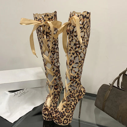 Aneikeh Sexy Leopard Print Hollow Out Ultra-high Heels Knee-High Boots Lady Club Stripper Peep Toe Platform Sandal Long Booties