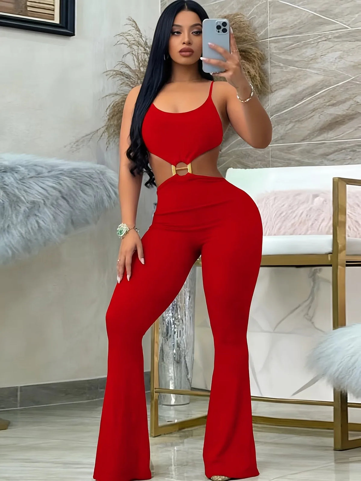 Summer Woman Jumpsuit Red Backless Jumpsuits High Waist Flared Leg Women's Elegant Romper Black Cut Out Waist Long Jumpsuit
