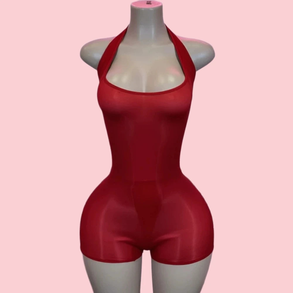 HLJ&GG Sexy Mesh See Though Halter Bodycon One Piece Rompers Women Sleeveless Backless Slim Jumpsuits Fashion Stretchy Overalls