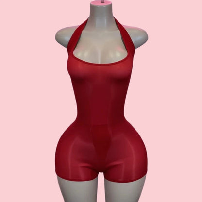 HLJ&GG Sexy Mesh See Though Halter Bodycon One Piece Rompers Women Sleeveless Backless Slim Jumpsuits Fashion Stretchy Overalls