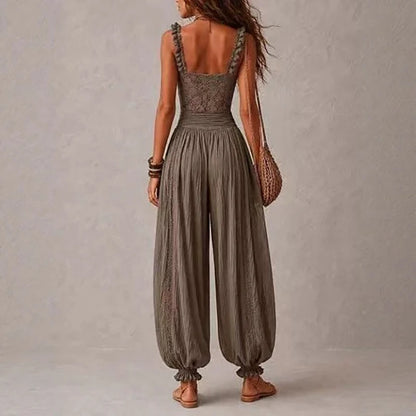 Elegant Sleeveless Fit Spliced Commute Rompers Summer New Pure High Waist Playsuits Temperament Lace Embroidery Halter Jumpsuits