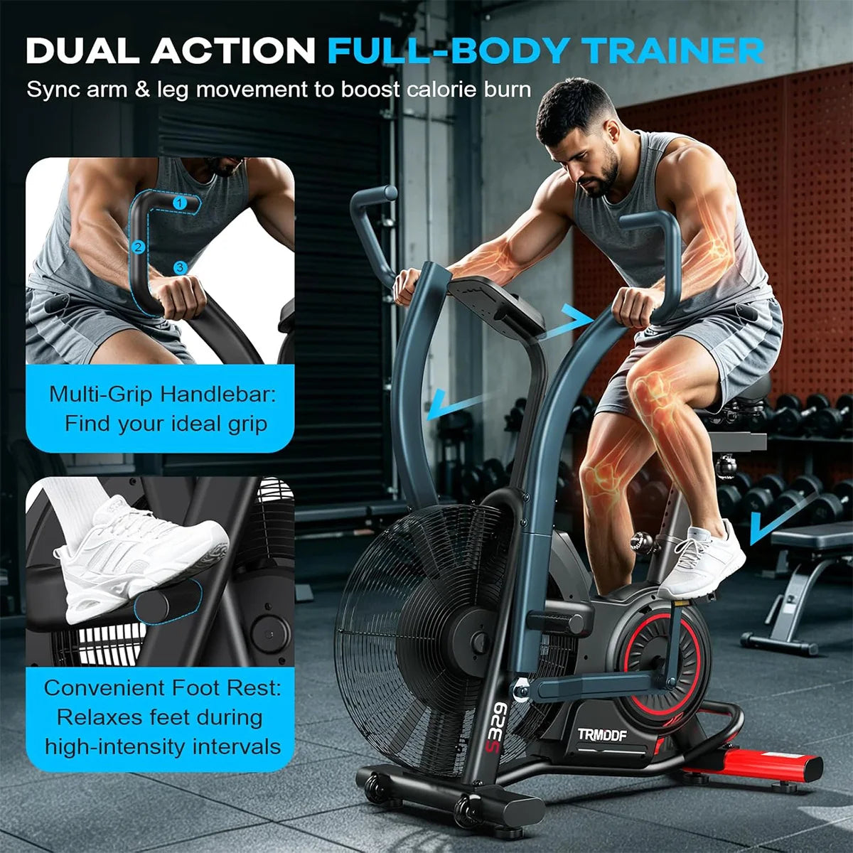 Pooboo Air Resistance Fan Exercise Bike, Upright Stationary Indoor Cycling Bike with Bluetooth Connection, Dual Action Handlebars and Dual-Layer Transmission System for Home Gym Cardio Training